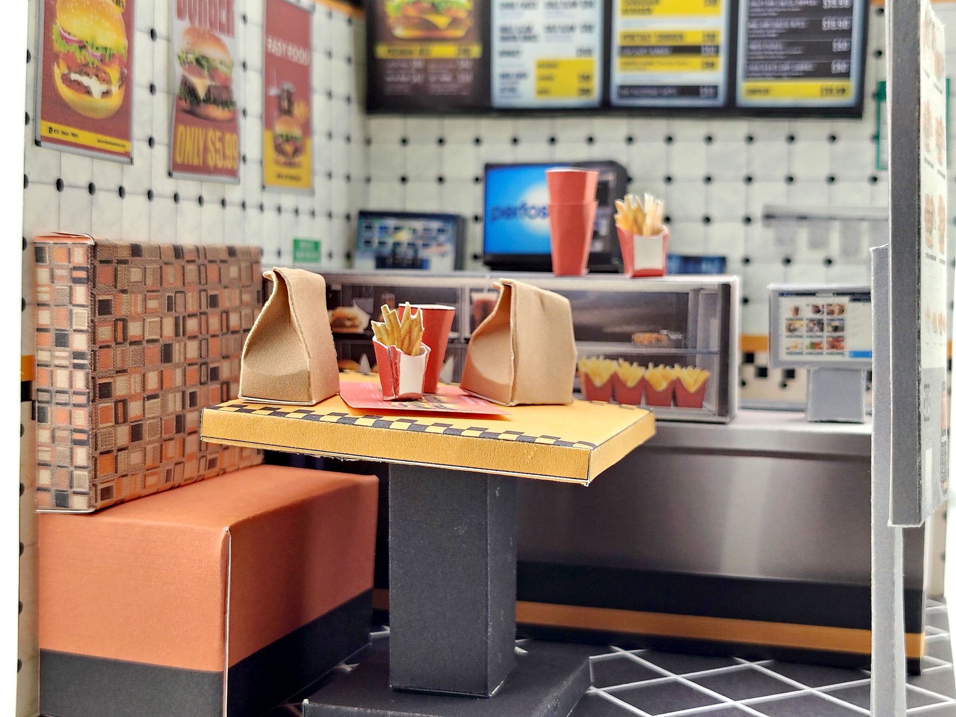 Printable 1:12 Fast Food Restaurant 6 pages  Bundle PDF, DIY Dollhouse Burger Shop Scenery, Miniature Diner Furniture & Menu, Digital Download