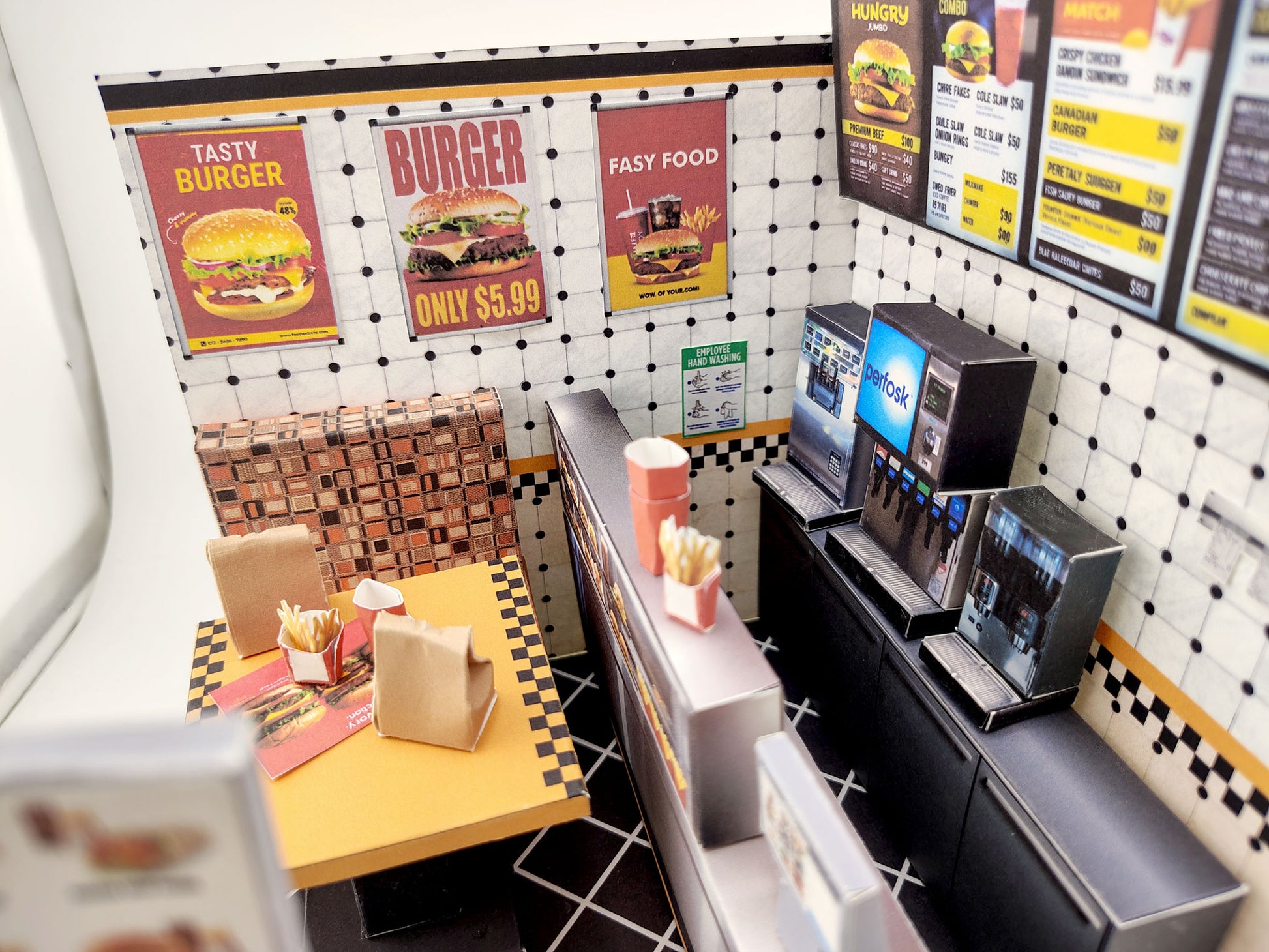Printable 1:12 Fast Food Restaurant 6 pages  Bundle PDF, DIY Dollhouse Burger Shop Scenery, Miniature Diner Furniture & Menu, Digital Download