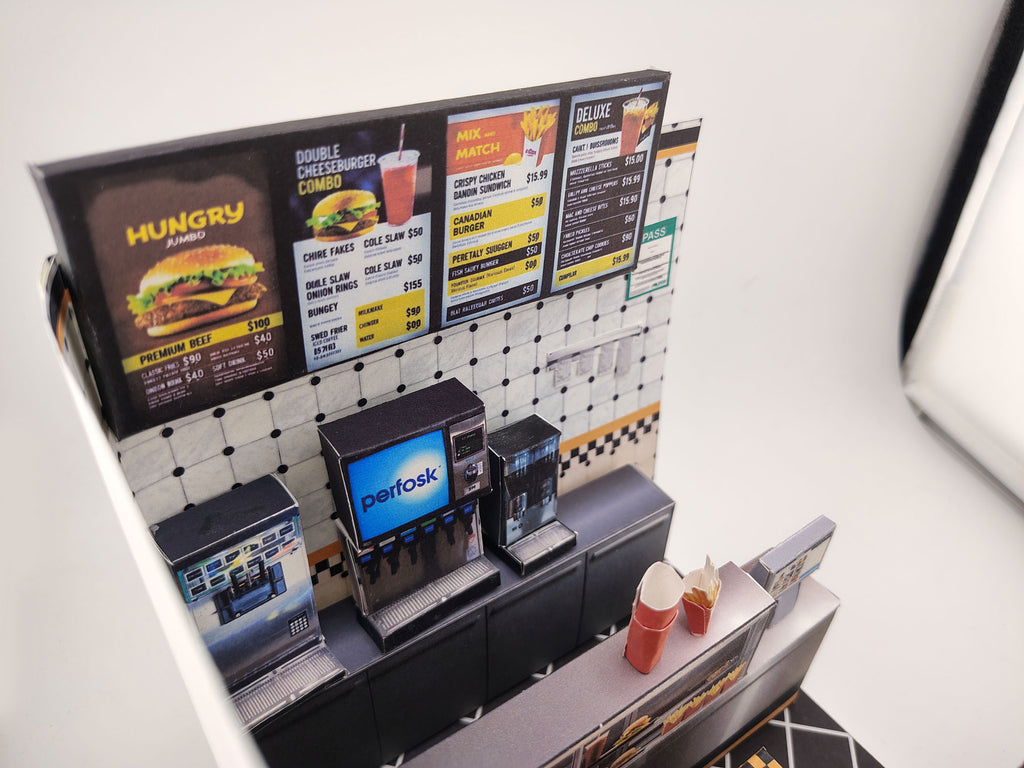 Printable 1:12 Fast Food Restaurant 6 pages  Bundle PDF, DIY Dollhouse Burger Shop Scenery, Miniature Diner Furniture & Menu, Digital Download