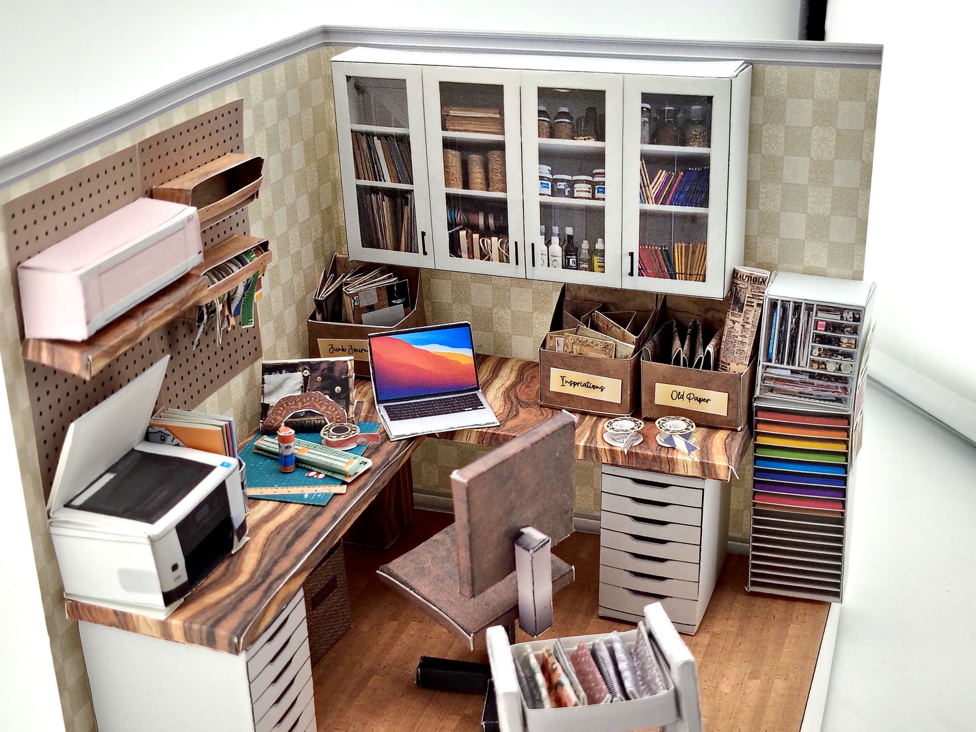 Printable 1:12 Junk Journal Crafter Room Kit, DIY Miniature Crafter room Diorama, Papercraft PDF Download