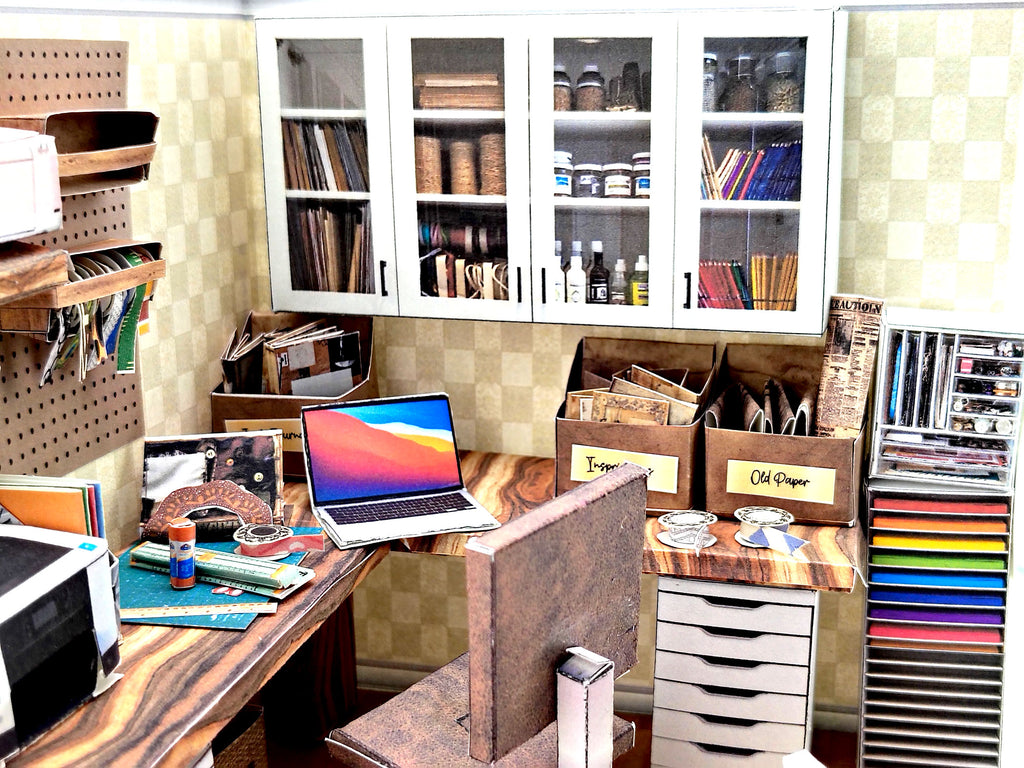 Printable 1:12 Junk Journal Crafter Room Kit, DIY Miniature Crafter room Diorama, Papercraft PDF Download