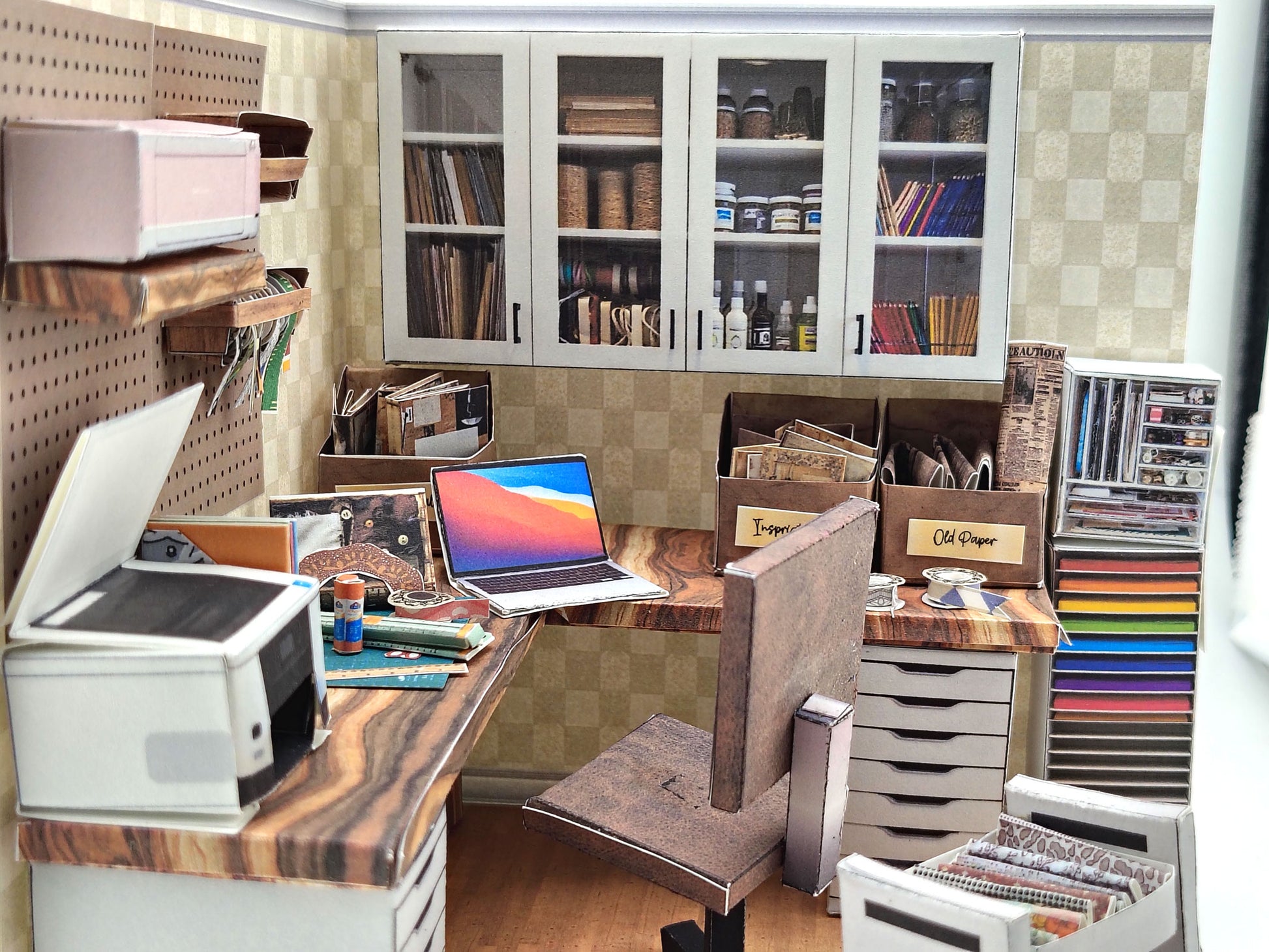 Printable 1:12 Junk Journal Crafter Room Kit, DIY Miniature Crafter room Diorama, Papercraft PDF Download