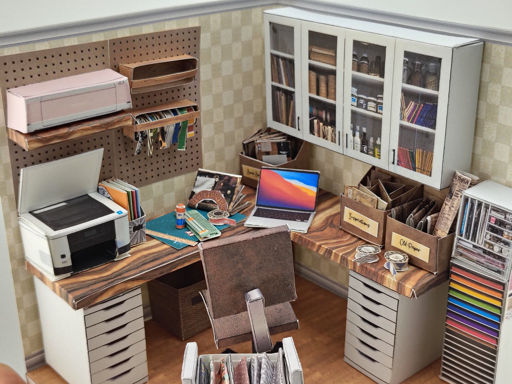 Printable 1:12 Junk Journal Crafter Room Kit, DIY Miniature Crafter room Diorama, Papercraft PDF Download