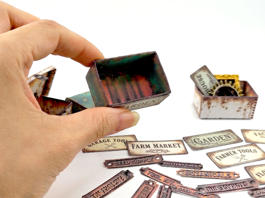 Printable Miniature Rusty Hardware Boxes, DIY 1:12 Scale Industrial Workshop Labels (Digital Download)