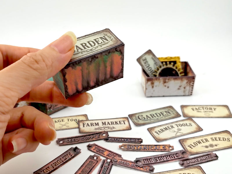 Printable Miniature Rusty Hardware Boxes, DIY 1:12 Scale Industrial Workshop Labels (Digital Download)
