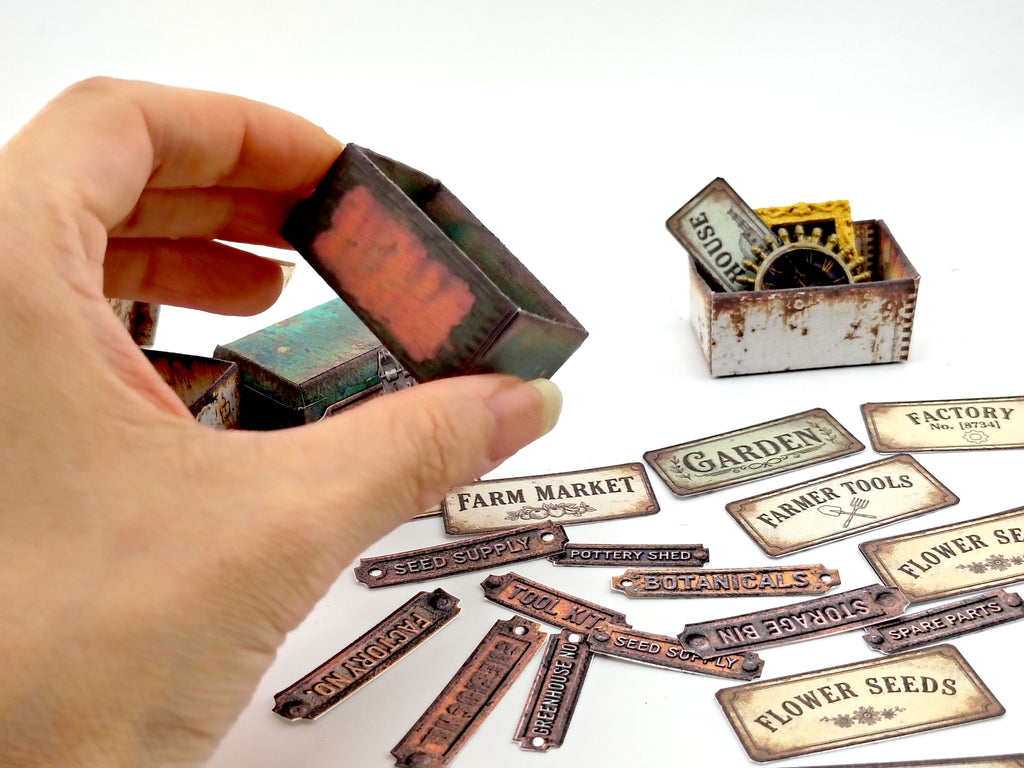 Printable Miniature Rusty Hardware Boxes, DIY 1:12 Scale Industrial Workshop Labels (Digital Download)