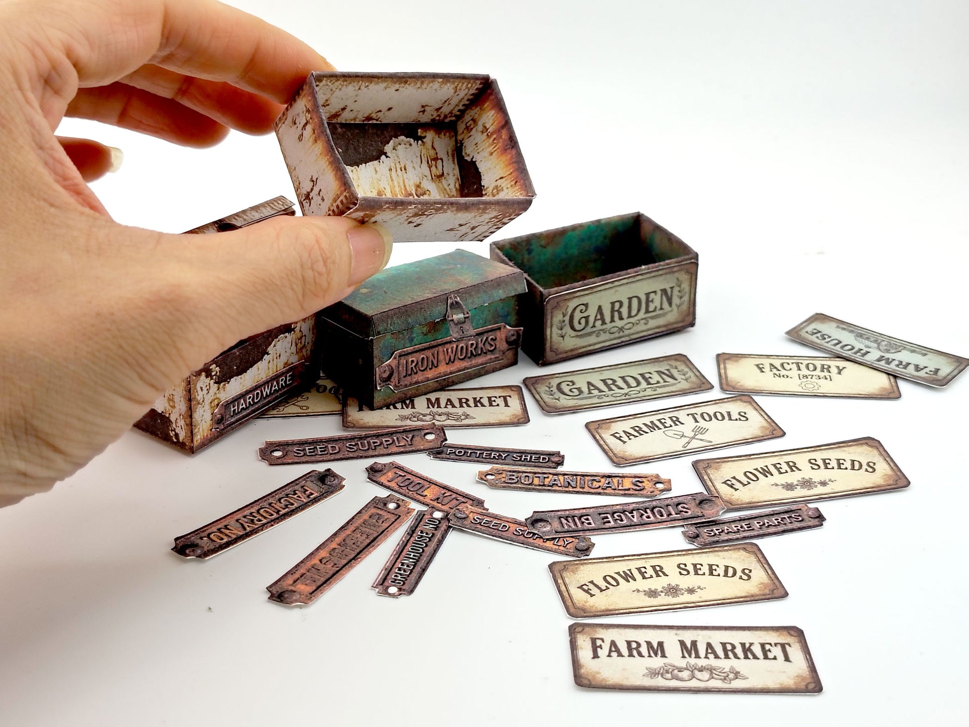 Printable Miniature Rusty Hardware Boxes, DIY 1:12 Scale Industrial Workshop Labels (Digital Download)