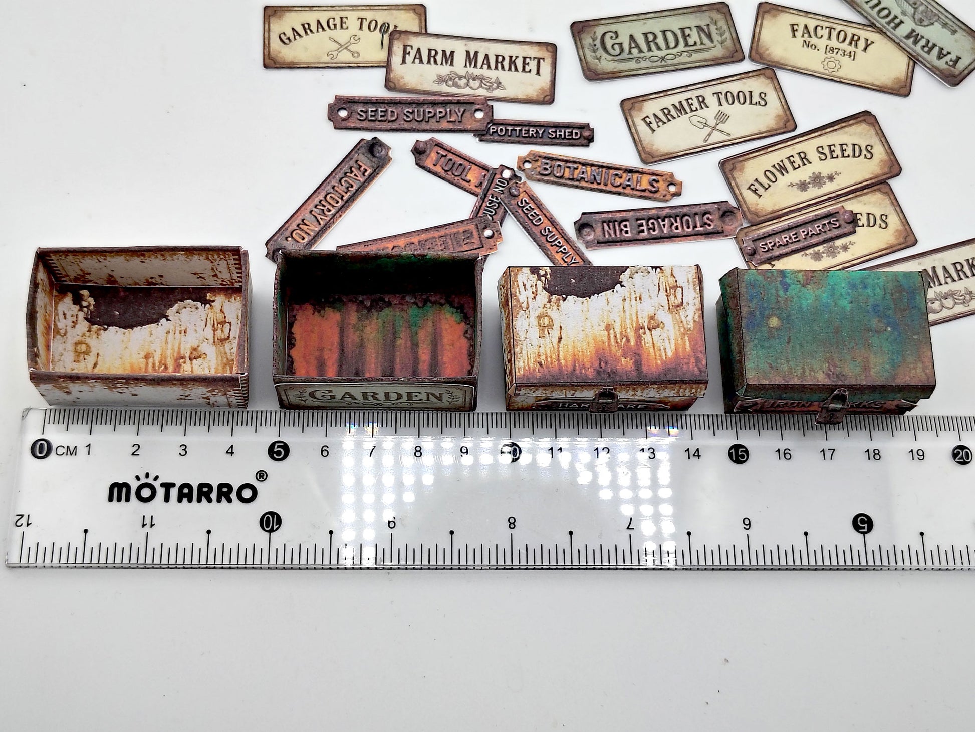 Printable Miniature Rusty Hardware Boxes, DIY 1:12 Scale Industrial Workshop Labels (Digital Download)