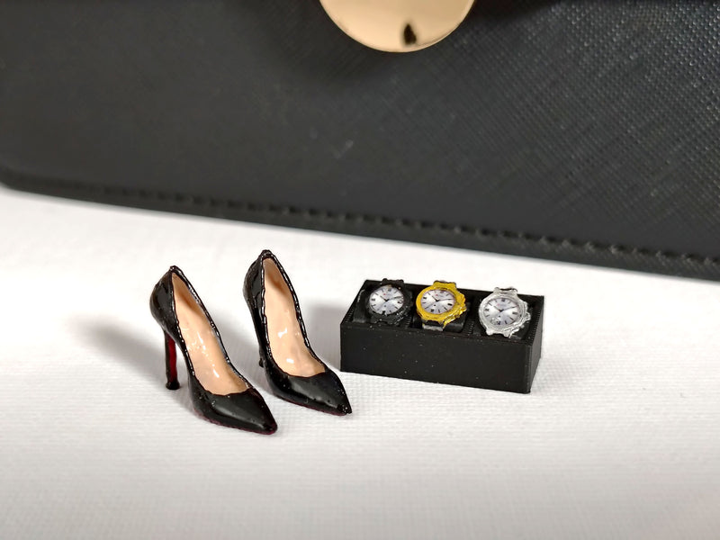 1:12 Black High Heel Pumps, Tiny Glossy Designer Stilettos, Dollhouse Fashion Bedroom Walk-in Closet , luxury Miniature