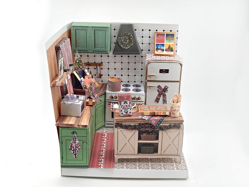 Printable Christmas Kitchen Diorama Kit, DIY 3D Miniature Holiday Room Box, Vintage Festive Papercraft Template, ( Digital Download)