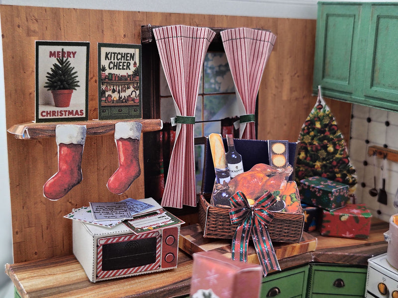 Printable Christmas Kitchen Diorama Kit, DIY 3D Miniature Holiday Room Box, Vintage Festive Papercraft Template, ( Digital Download)