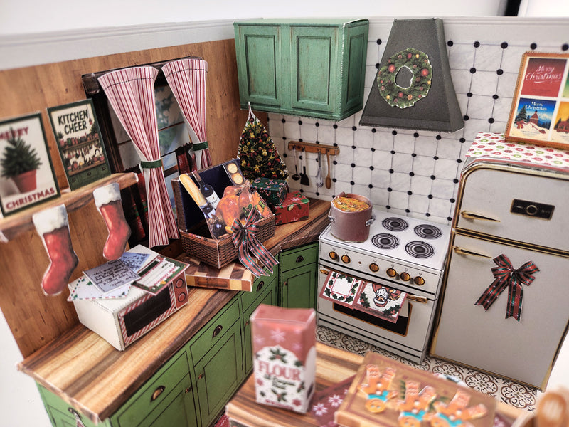 Printable Christmas Kitchen Diorama Kit, DIY 3D Miniature Holiday Room Box, Vintage Festive Papercraft Template, ( Digital Download)
