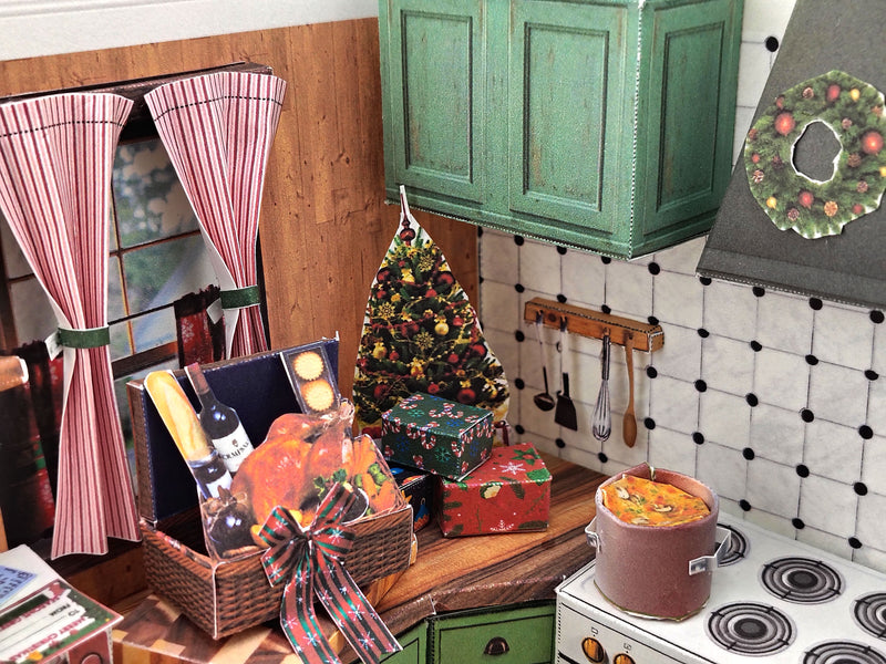 Printable Christmas Kitchen Diorama Kit, DIY 3D Miniature Holiday Room Box, Vintage Festive Papercraft Template, ( Digital Download)