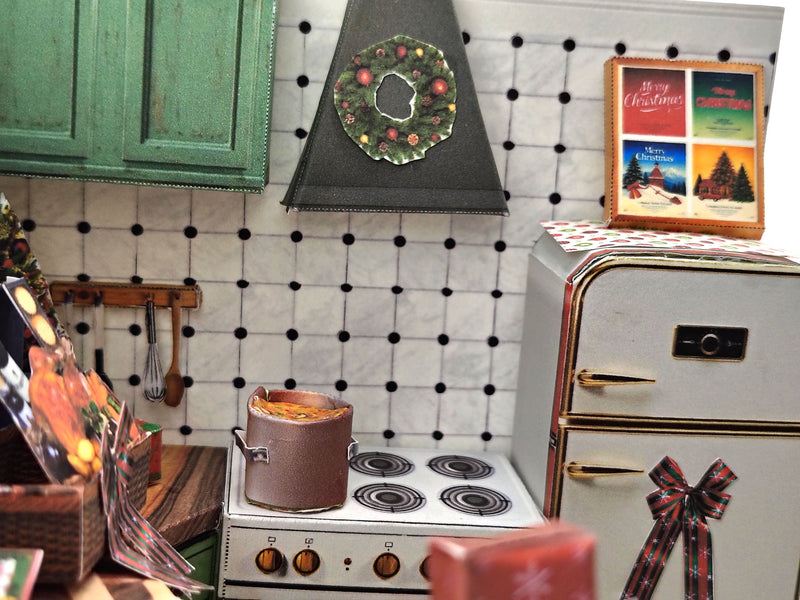 Printable Christmas Kitchen Diorama Kit, DIY 3D Miniature Holiday Room Box, Vintage Festive Papercraft Template, ( Digital Download)