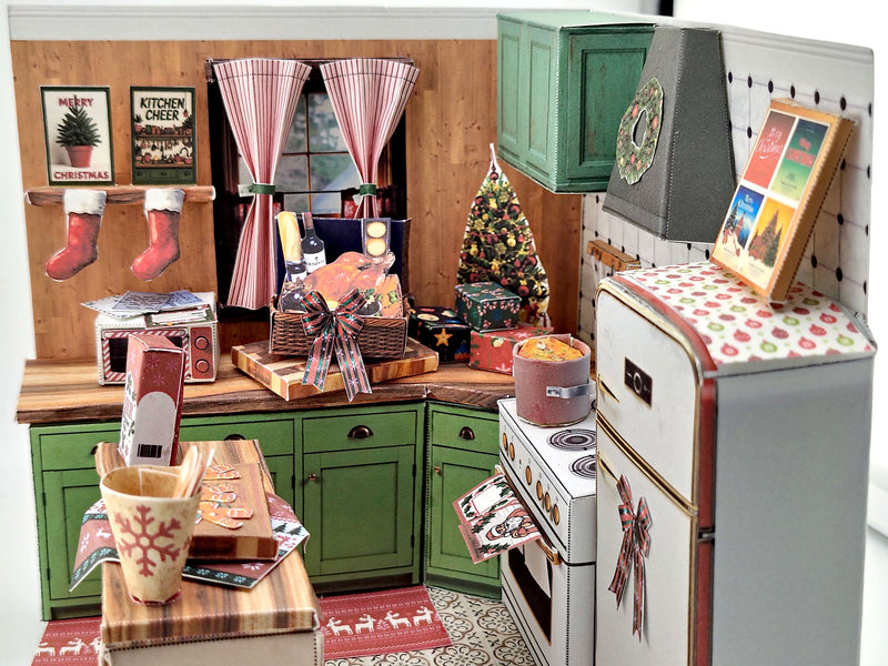 Printable Christmas Kitchen Diorama Kit, DIY 3D Miniature Holiday Room Box, Vintage Festive Papercraft Template, ( Digital Download)