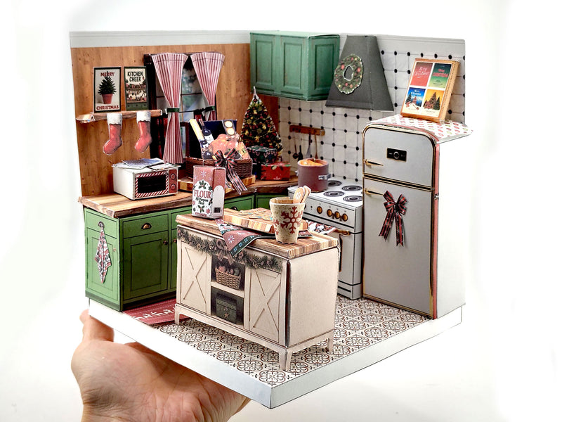 Printable Christmas Kitchen Diorama Kit, DIY 3D Miniature Holiday Room Box, Vintage Festive Papercraft Template, ( Digital Download)