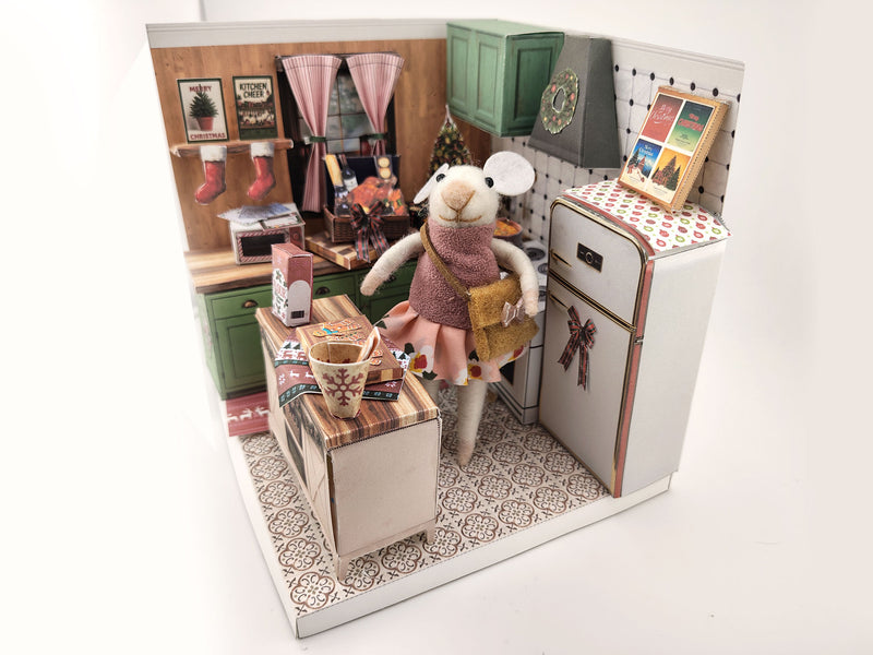 Printable Christmas Kitchen Diorama Kit, DIY 3D Miniature Holiday Room Box, Vintage Festive Papercraft Template, ( Digital Download)