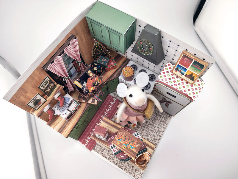 Printable Christmas Kitchen Diorama Kit, DIY 3D Miniature Holiday Room Box, Vintage Festive Papercraft Template, ( Digital Download)