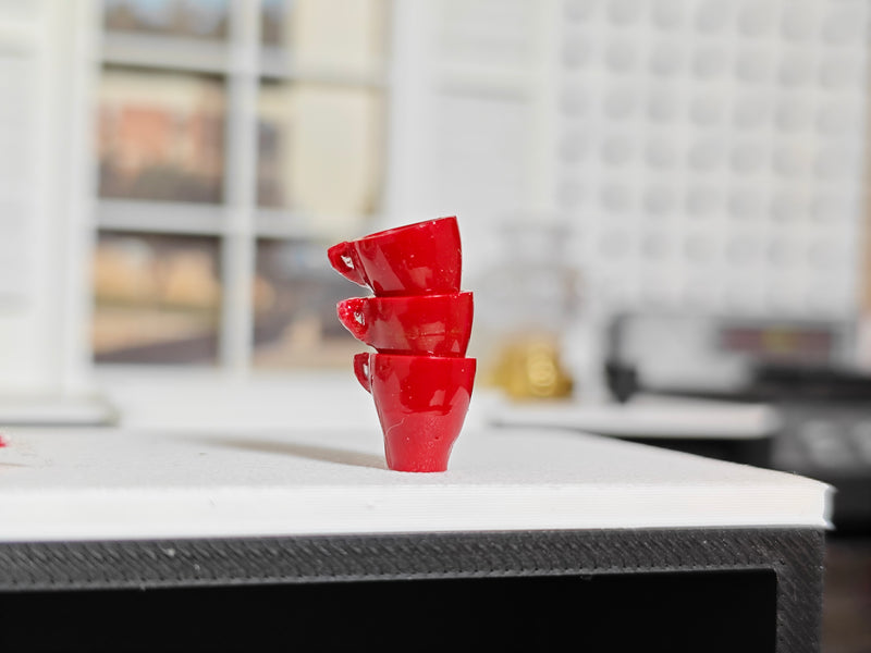 1:12 Scale Glossy Red Coffee Cups Set, Dollhouse Kitchen Diorama (Physical Product)
