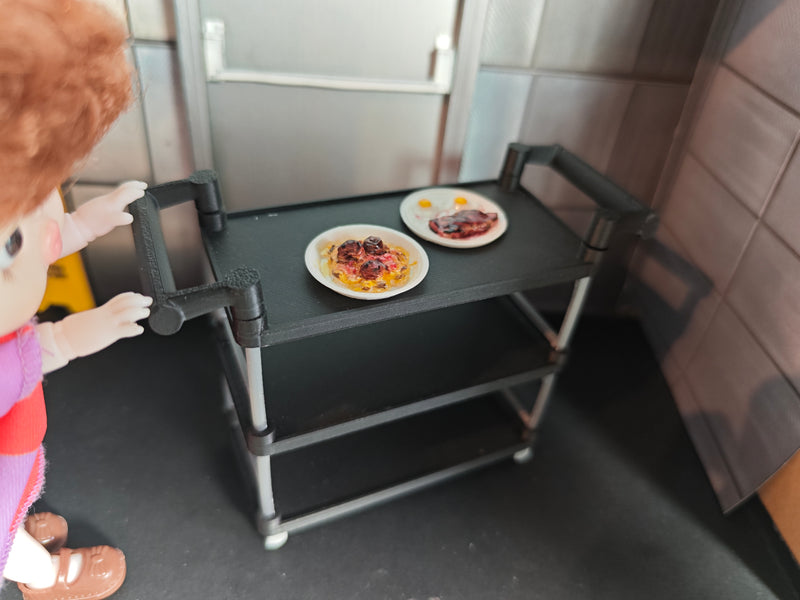 1:12 Scale Miniature Restaurant Service Cart Busing Set, Utility Trolley, Garage Commercial Kitchen Dining Cafe Diorama (Physical Product)
