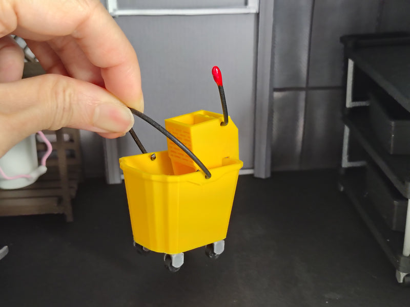 1:12 Commercial Mop Bucket Set, Handmade Tiny Cleaning Wringer Bucket Mop, Dollhouse Janitorial Diorama Prop Miniature  (Physical Product)