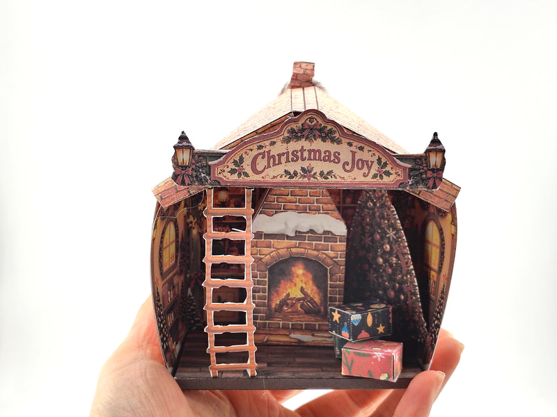 Printable Christmas Cottage Lantern Kit, Elf House, Paper House, DIY 3D Fireplace Ornament PDF