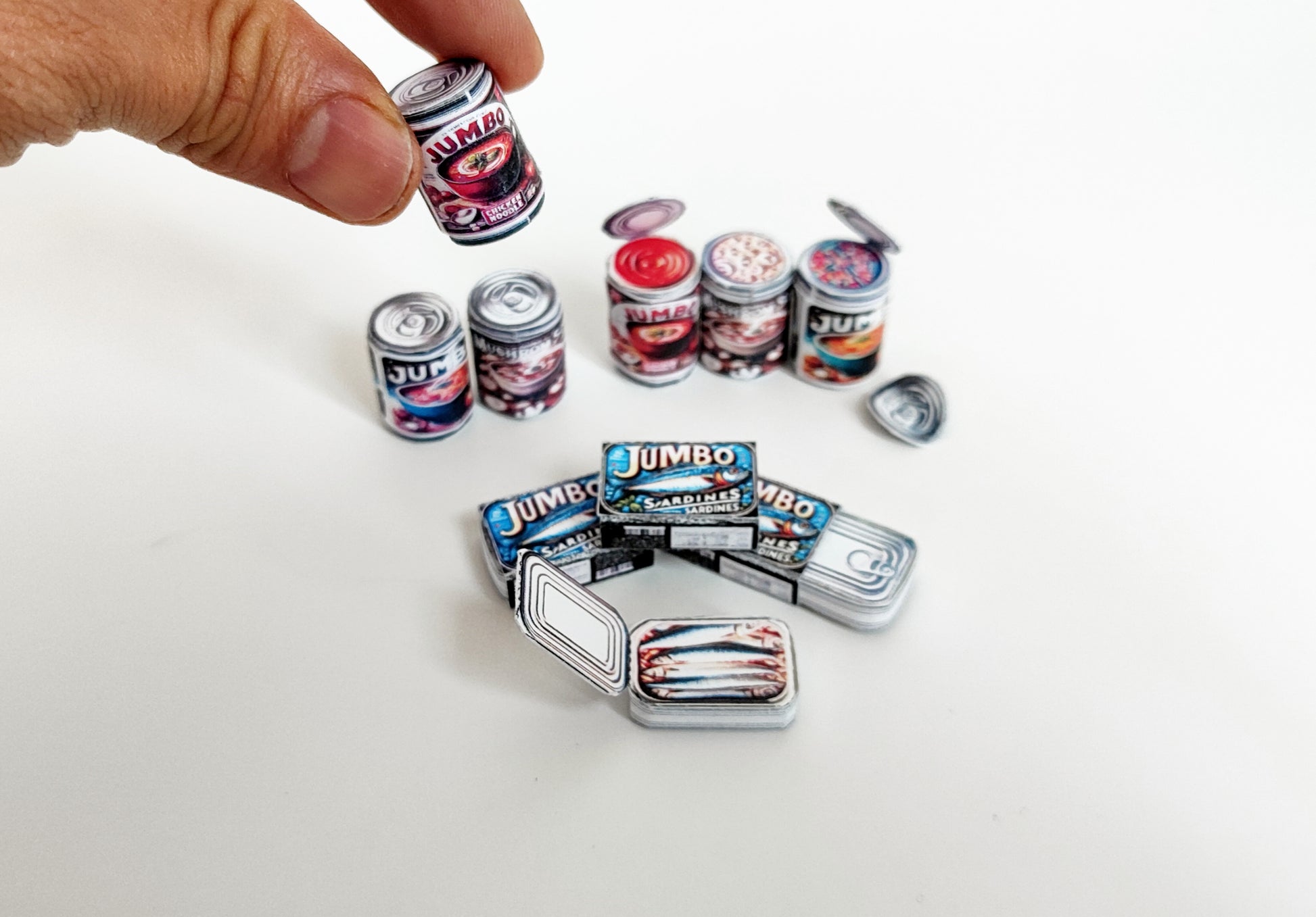 Printable Miniature Soup & Sardine Cans — 1:6 Scale DIY Dollhouse Food Template (7 Openable Designs)