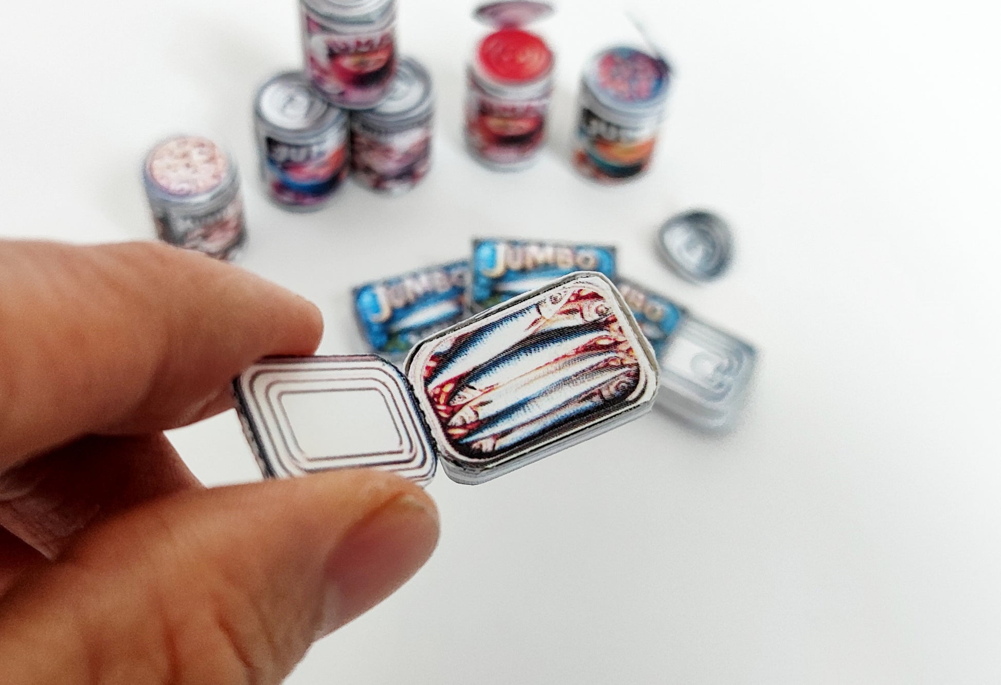 Printable Miniature Soup & Sardine Cans — 1:6 Scale DIY Dollhouse Food Template (7 Openable Designs)