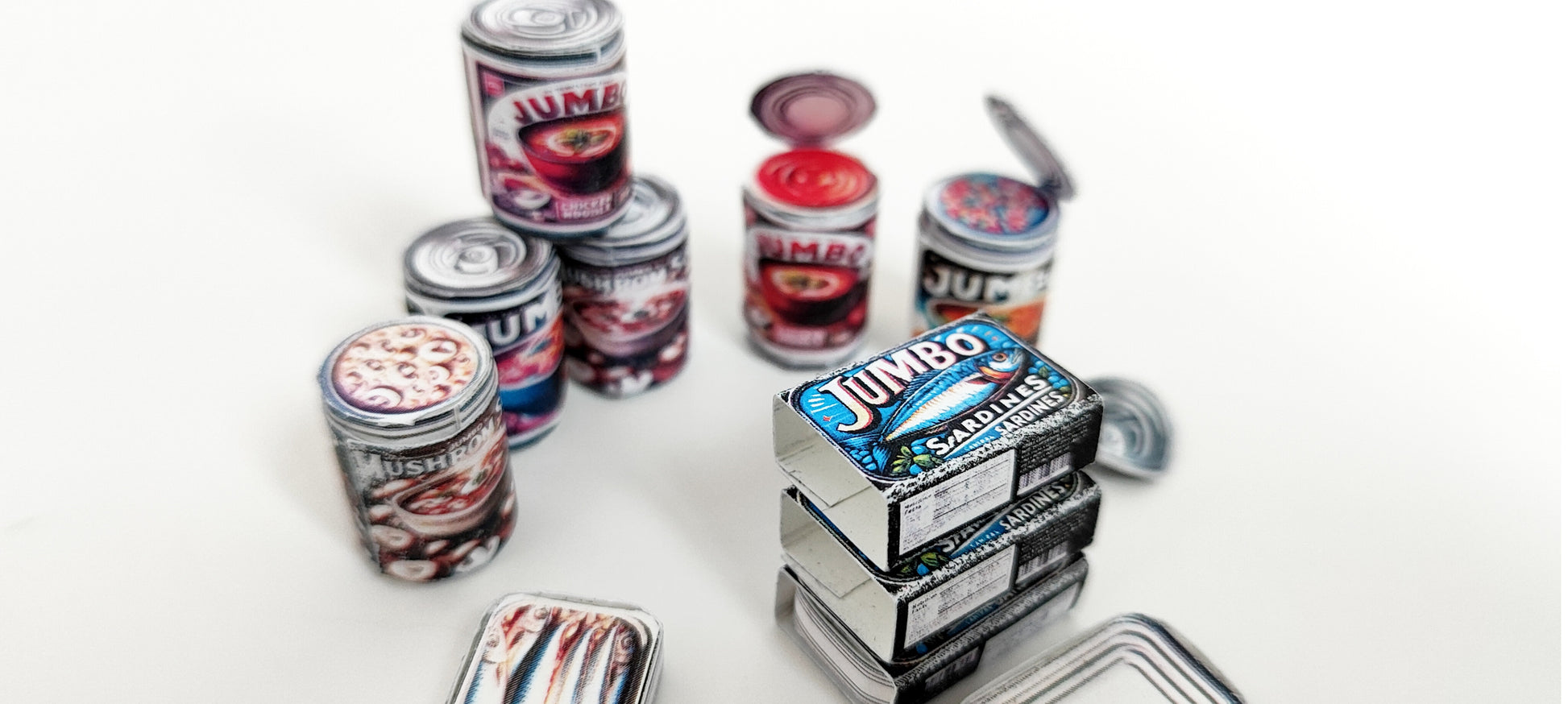 Printable Miniature Soup & Sardine Cans — 1:6 Scale DIY Dollhouse Food Template (7 Openable Designs)