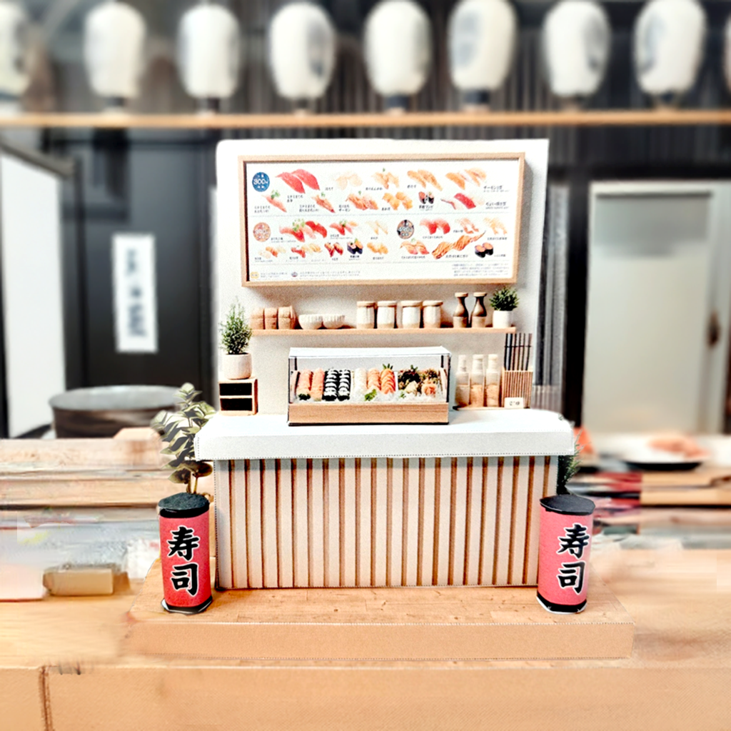 - Japan Sushi Shop 3D stand- DIY miniature scenery kit, japanese style decoration, sushi table, sushi tray, lantern , miniature model