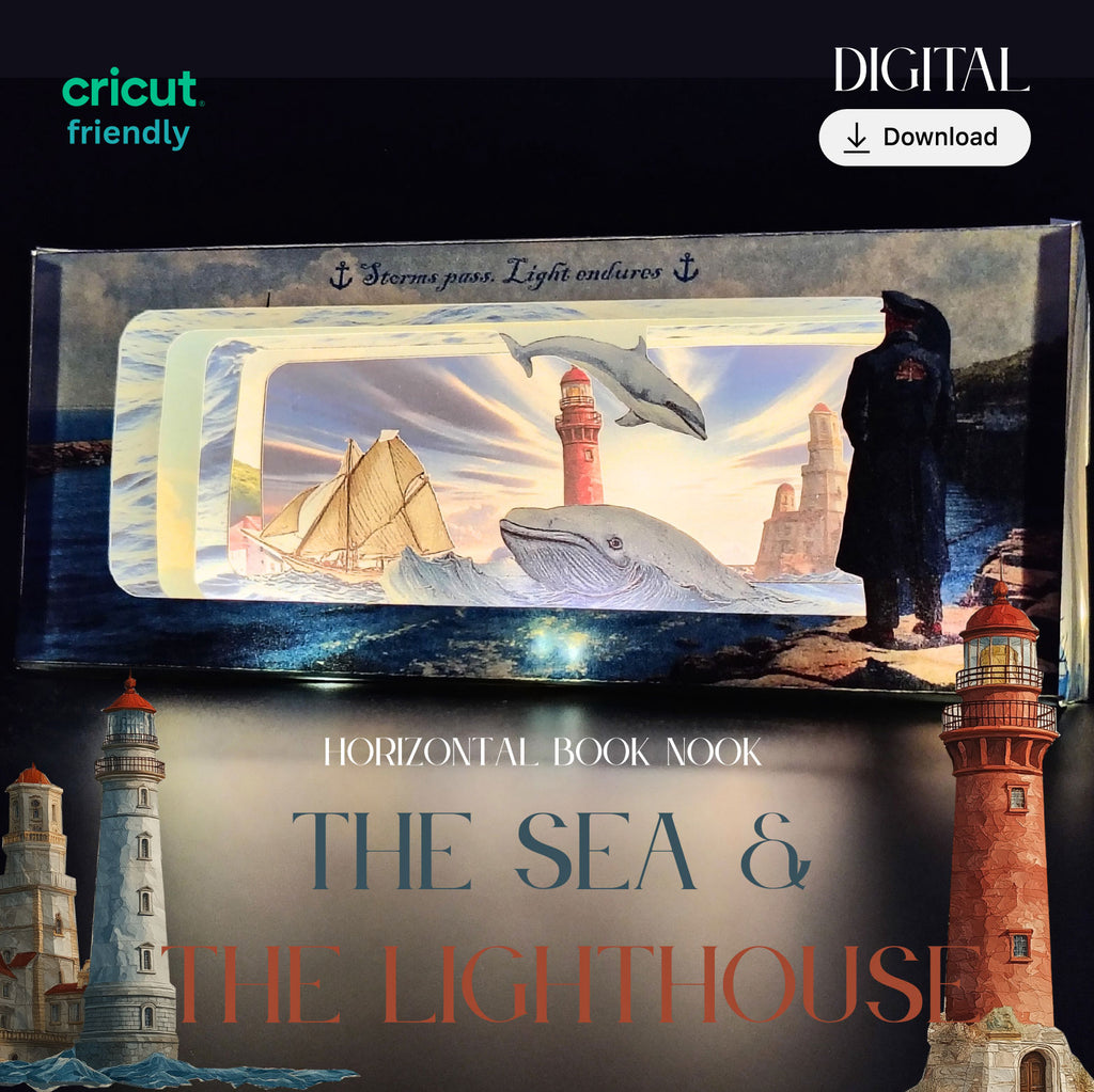 The Sea and the lighthouse horizontal book nook kit: Foldable Paper Diorama (PDF & PNG Templates) 7 pages