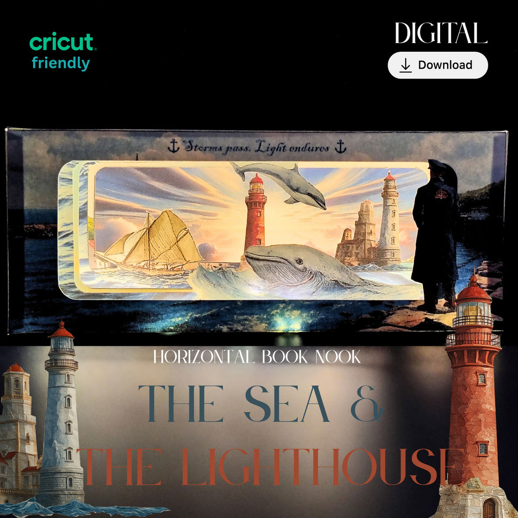 The Sea and the lighthouse horizontal book nook kit: Foldable Paper Diorama (PDF & PNG Templates) 7 pages