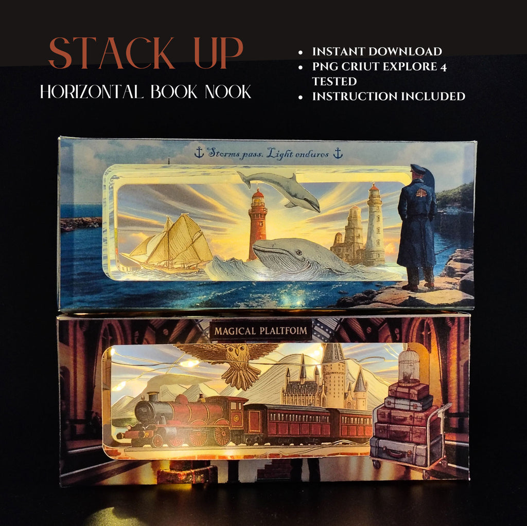 The Sea and the lighthouse horizontal book nook kit: Foldable Paper Diorama (PDF & PNG Templates) 7 pages