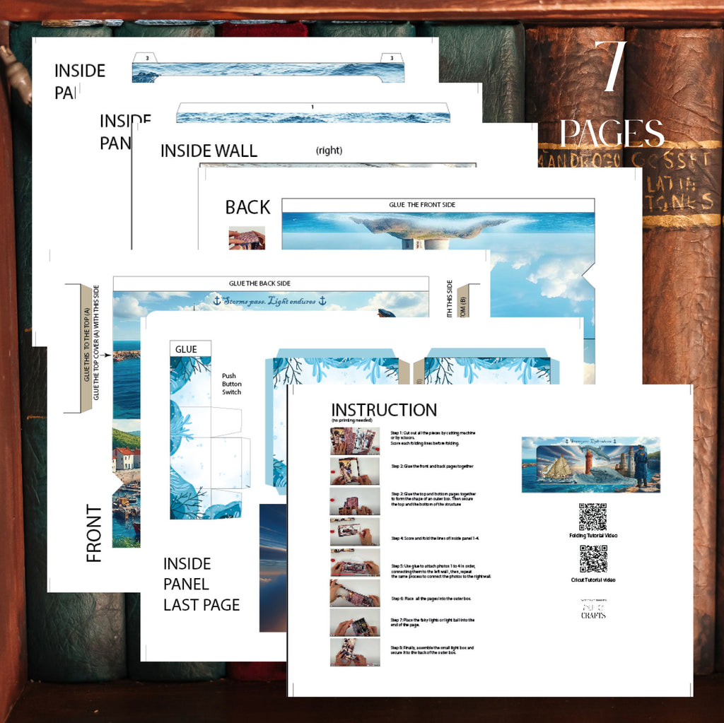 The Sea and the lighthouse horizontal book nook kit: Foldable Paper Diorama (PDF & PNG Templates) 7 pages