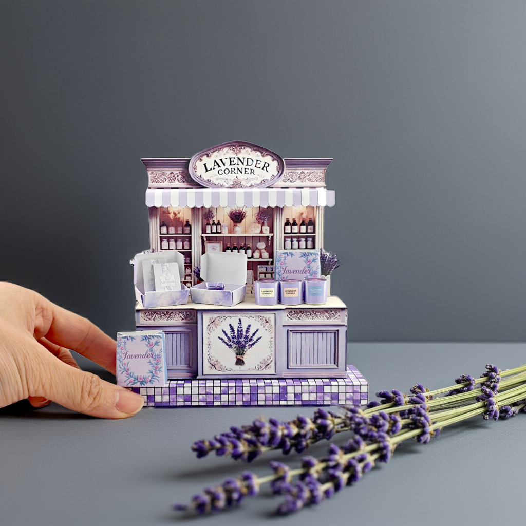 Lavender Corner Miniature stand, minis shop, soaps, candles,   perfume, odor removal bag, miniature kit, paper crafting, 7x5 frame