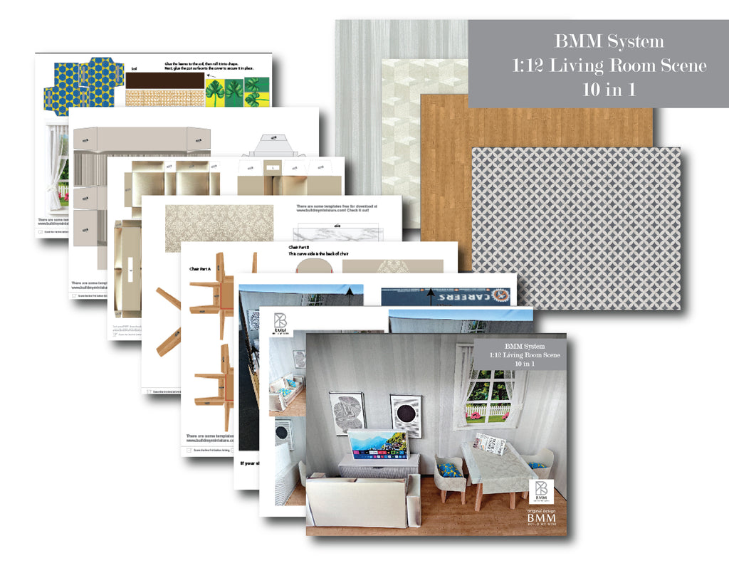 A collection of 1:12 scale dollhouse furniture from the BMM Shoe Box 10-in-1 Living Room Set, featuring a miniature sink, dining table with chairs, TV, sofa, and additional pieces, arranged for a 4-5 inch doll diorama, with intricate details for DIY crafting.
