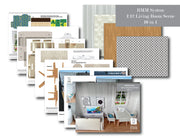 A collection of 1:12 scale dollhouse furniture from the BMM Shoe Box 10-in-1 Living Room Set, featuring a miniature sink, dining table with chairs, TV, sofa, and additional pieces, arranged for a 4-5 inch doll diorama, with intricate details for DIY crafting.