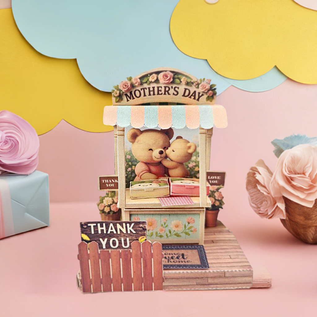 Mother's day 3D thank you card paper craft stand, little bear kissing mother bear, thank you card, proud mom, mommy card