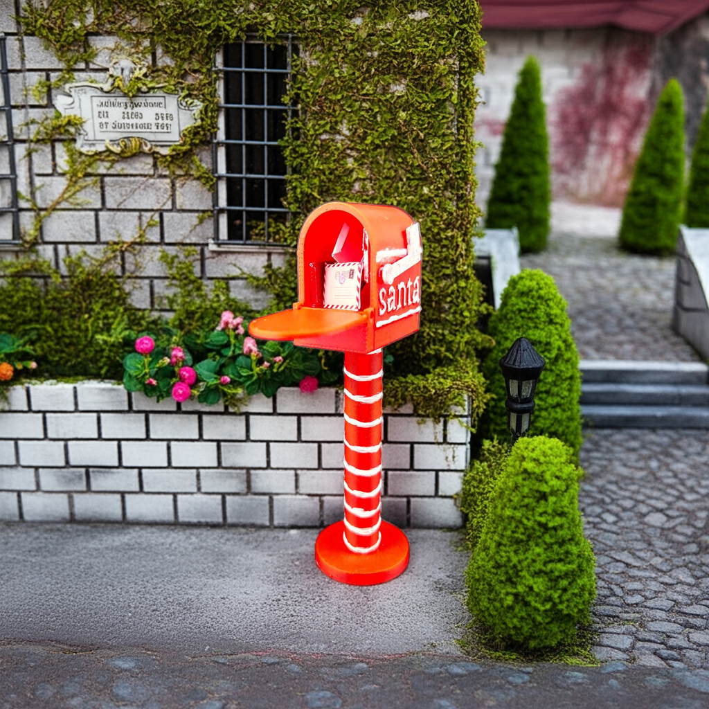 Openable Santa Christmas Mail Box with Envelope and Christmas card for 1:12 dollhouse outdoor decoration, mechanic 3d toy