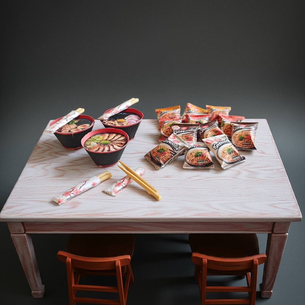 4 styles Instant Kim Noodle and 3 bowls of ramen noodle with chopsticks, 1:6 scale, Printable Dollhouse miniature template, diorama
