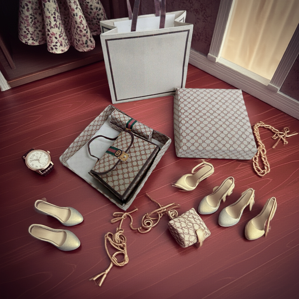 1:6 Luxury brands  brown bags, purse and boxes for dollhouse and department store, 4 items, luxury house decorations,  yearly ornament