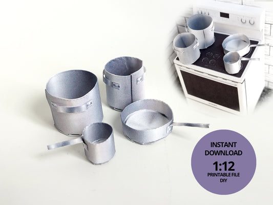 1:12 Kitchen Pots and pans- Printable Dollhouse furniture,  DIY, printable miniature template