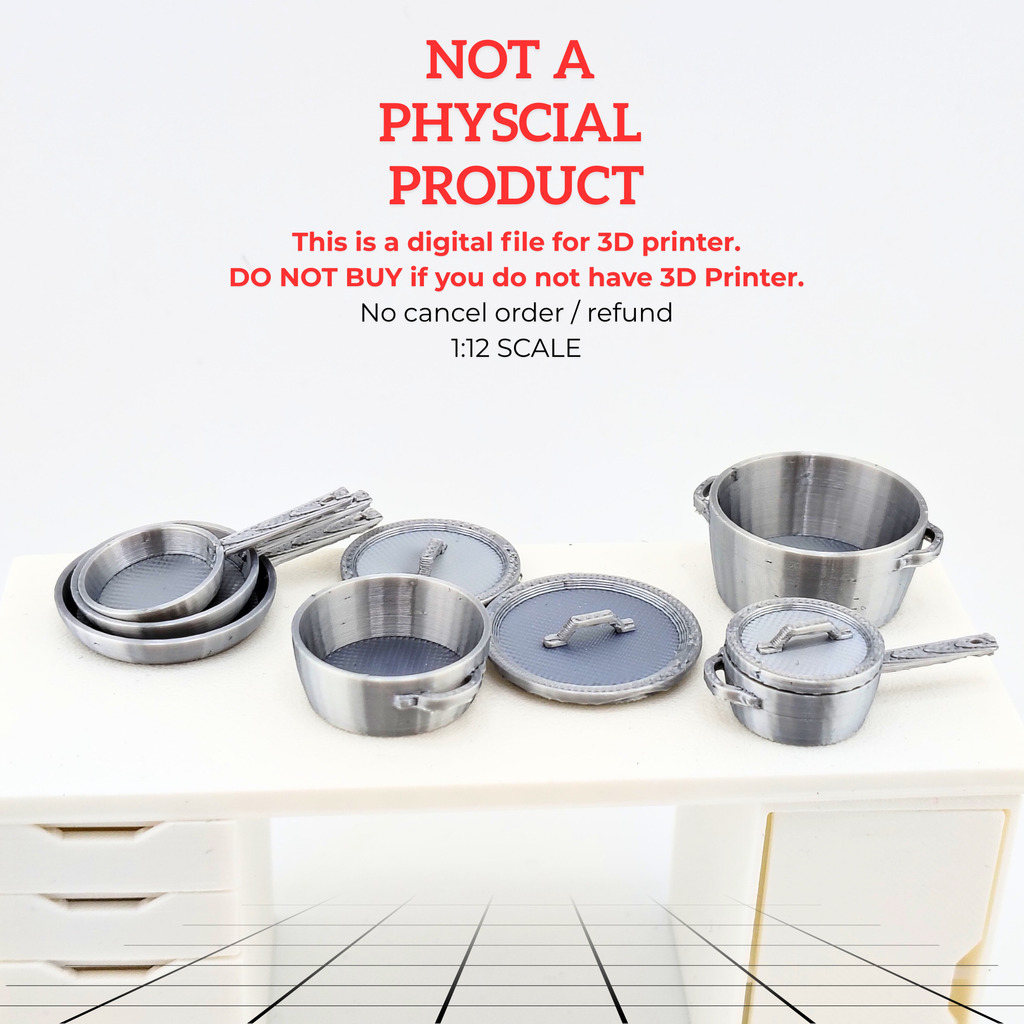 Complete your dollhouse kitchen with timeless cookware!
This 1:12 Miniature Pots and Pans Set includes six detailed 3D printable kitchen pieces — each with matching lids for an authentic look. Designed to fit perfectly in miniature kitchens and cooking dioramas, this set brings realistic charm to your PickScene culinary displays.