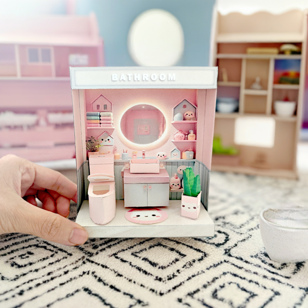 Pick Scene Pink Bathroom-cute room, washroom, restroom, Toilet,  Sink, diaper, affordable doll house miniature kit, PickScene Apartment
