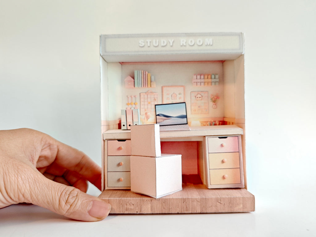  Pink Study Room- cute room, washroom, folder, laptop, table, affordable doll house miniature kit, PickScene Apartment