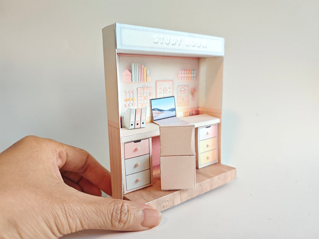  Pink Study Room- cute room, washroom, folder, laptop, table, affordable doll house miniature kit, PickScene Apartment