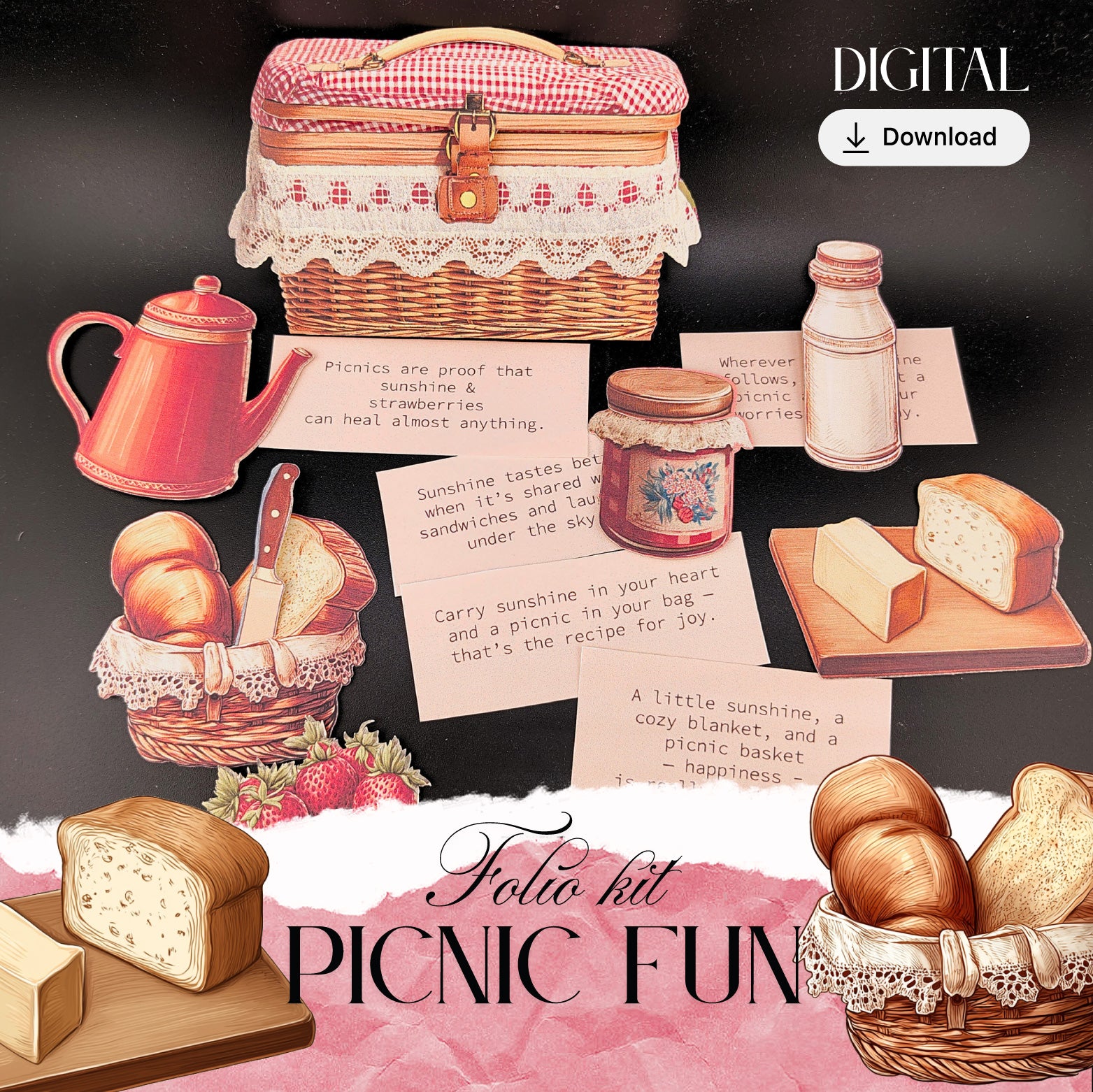 Outie Craft Picnic Fun Folio Kit — DIY Paper Craft with 7 Ephemera & Playable Card Kit Featuring Inspiring Quotes