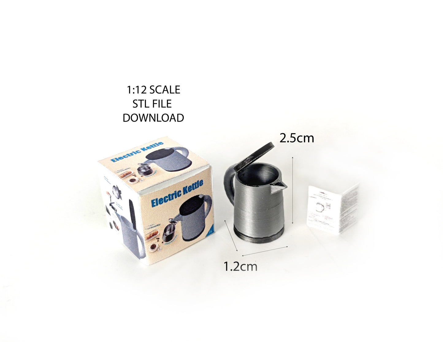"A 3D-printable STL file of a 1:12 scale miniature electric kettle with an openable lid, featuring detailed buttons and a spout for a realistic dollhouse kitchen.

