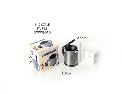"A 3D-printable STL file of a 1:12 scale miniature electric kettle with an openable lid, featuring detailed buttons and a spout for a realistic dollhouse kitchen.

