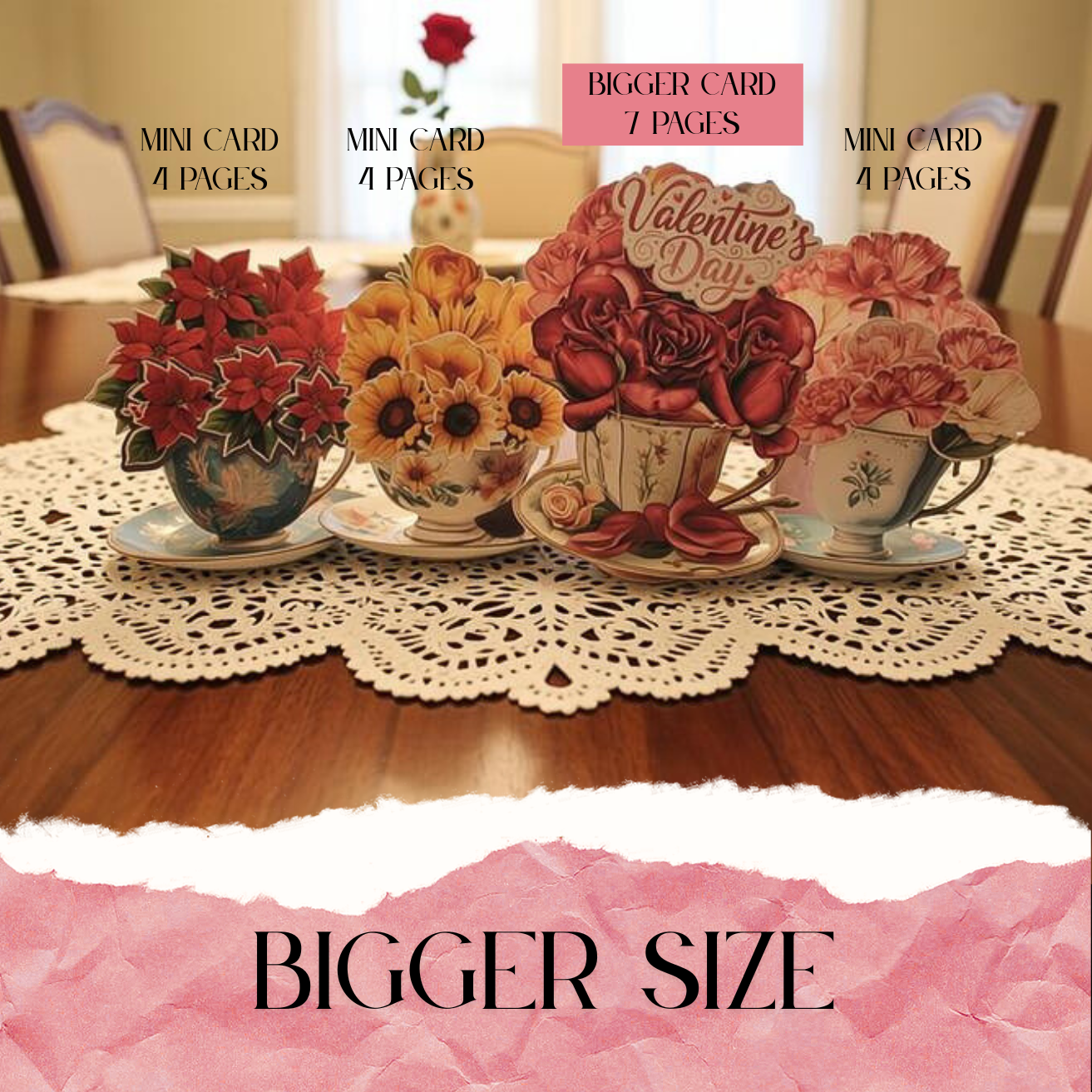 Rose & Teacup Pop-Up Valentine’s Day Card — Printable Stand-Up Paper Decoration in Pink (Foldable Love Card, Digital Download)